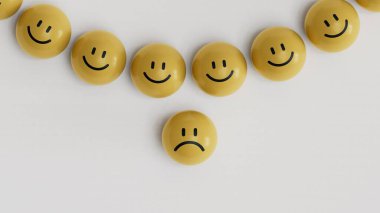 Sarı bloklardaki mutlu gülümsemelere karşı hüzünlü bir gülümseme. Depresyon, akıl sağlığı. Güzel manzara. Yüz ifadeleri. Beyaz arkaplanda zihinsel sağlık değerlendirmesi 3D.