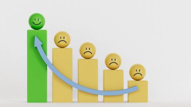 Memnuniyet ve iş büyüme süreci ve ekonomik gelişme kavramı. Duygu, duygu sarı toplar ve sarı top blokları ile karşılaşıyor. Beyaz zemin üzerindeki basamaklar kopya alanı ile, minimal biçim.