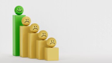Memnuniyet ve iş büyüme süreci ve ekonomik gelişme kavramı. Duygu, duygu sarı toplar ve sarı top blokları ile karşılaşıyor. Beyaz zemin üzerindeki basamaklar kopya alanı ile, minimal biçim.