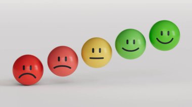 Hüzünlü ve mutlu ruh hali, değerlendirme, artış oranı, müşteri deneyimi, memnuniyet ve en iyi hizmet derecelendirme konsepti olan emoji ifadeleri. Müşteri hizmetleri değerlendirmesi. 3d hazırlayıcı.