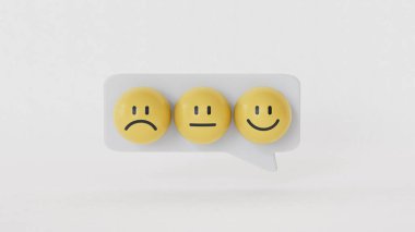 Konuşma balonunda üzgün ve mutlu ruh hali, değerlendirme, artış oranı, müşteri deneyimi, memnuniyet ve en iyi hizmet derecelendirme konsepti 3D.