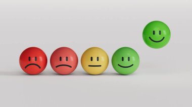 Hüzünlü ve mutlu ruh hali, değerlendirme, artış oranı, müşteri deneyimi, memnuniyet ve en iyi hizmet derecelendirme konsepti olan emoji ifadeleri. Müşteri hizmetleri değerlendirmesi. 3d hazırlayıcı.