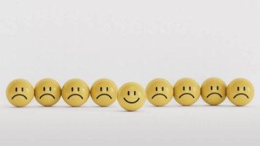 Üzgün yüzün önündeki sarı top bloğunda gülen surat ifadesi. Yüz ifadeleri. Beyaz arkaplanda zihinsel sağlık değerlendirmesi 3D.