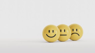 Sarı top bloğunda yazılı ekranı, müşteri memnuniyeti ve değerlendirme konsepti için duygu seçimini gösteren normal ve hüzünlü yüz ifadesi.