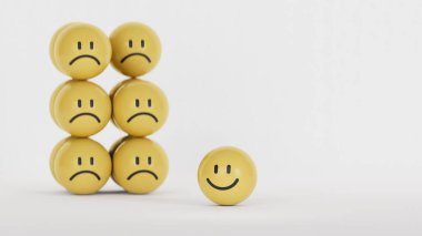 Sarı topun üzerinde gülen surat, gülümsemeli, normal ve üzgün yüzlü. Yüz ifadeleri. Beyaz arkaplanda zihinsel sağlık değerlendirmesi 3D.