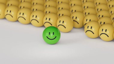 Kalabalıktan uzak dur. Gülümseyen sarı top, normal ve üzgün surat. Yüz ifadeleri. Beyaz arkaplanda zihinsel sağlık değerlendirmesi 3D.