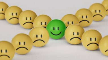 Kalabalıktan uzak dur. Gülümseyen sarı top, normal ve üzgün surat. Yüz ifadeleri. Beyaz arkaplanda zihinsel sağlık değerlendirmesi 3D.