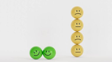 Gülen surat ve iki kızgın ifade simgesiyle sıralanmış sarı toplar. Beyaz arkaplandaki 3D yorumlama konsepti.