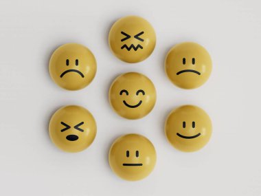 Komik gülüşler. Gülümseyen sarı top, normal ve üzgün surat. Yüz ifadeleri. Beyaz arkaplanda zihinsel sağlık değerlendirmesi 3D.