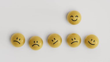 Beyaz arka plan, değerlendirme, artış, müşteri deneyimi, memnuniyet ve en iyi hizmet derecelendirme konseptinde gülen yüzlü sarı bloklar.