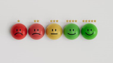 Gülümseyen Müşteri Memnuniyeti yüksek puan veriyor, Yıldızlar Simgesi ile Emoji Geribildirim Ölçeği, Müşteri Memnuniyeti tepkisi veya anket konsepti,