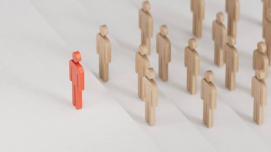 Tahta bebek piyonu olağanüstü. Liderlik kavramı. Benzersiz bireysellik ve beyaz arka planda gösterilen 3D kalabalığın dışında durmak.