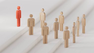 Tahta bebek piyonu olağanüstü. Liderlik kavramı. Benzersiz bireysellik ve beyaz arka planda gösterilen 3D kalabalığın dışında durmak.