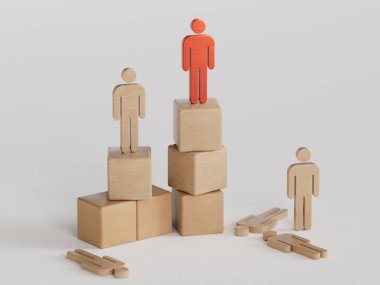 Yarışmalar ve kazanmak. Liderlik modeli, boş kopya alanı. Kazanan kaidede tahta şampiyonlar ve beyaz arka planda 3D döşeyen ezikler..