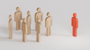 Ayrımcılık kavramı. Gruptan uzak duran tek bir kırmızı tahta çivi. İş stratejisini, liderliği ve beyaz arka planda oluşturulan 3D yönetimini temsil etmek için mükemmel..