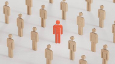 Bir sürü biblo ve kırmızı bir tane. Farklılık ve benzersizlik kavramı. İş stratejisini, liderliği ve beyaz arkaplandaki 3D yönetimini temsil etmek için mükemmel..