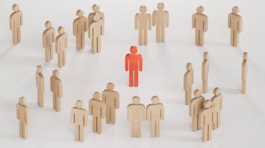 Etrafında piyonlar olan bir markanın 3 boyutlu çizimi. Beyaz arka planda pazarlama ve müşteri sadakati kavramı 3D.