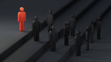 Tahta bebek piyonu olağanüstü. Liderlik kavramı. Benzersiz bireysellik ve siyah arka planda gösterilen 3D kalabalığın dışında durmak.