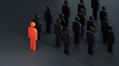 Tahta bebek piyonu olağanüstü. Liderlik kavramı. Benzersiz bireysellik ve siyah arka planda gösterilen 3D kalabalığın dışında durmak.