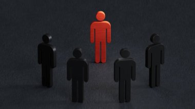 Tahta bebek piyonu olağanüstü. Liderlik kavramı. Benzersiz bireysellik ve siyah arka planda gösterilen 3D kalabalığın dışında durmak.