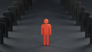 Tahta bebeklerden kompozisyon. İş stratejisini, liderliği ve siyah arka planda oluşturulan 3D yönetimini temsil etmek için mükemmel..