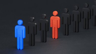 İş takım lideri kavramı hedef doğrultusunda hareket yönü gösterir. Kalabalık beyaz erkeklerin lideri mavi renk ve kırmızı renk kötü çakışan çalışanı için dönüyor.