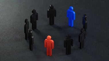 Bir iş ekibinin konsept lideri. Bir grup beyaz adam toplanıp mavi ve kırmızı adamların liderlerini dinliyor. İtirazlarla çalışıyorlar. Siyah arka planda 3D çakışması var..