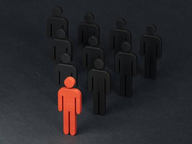 Kalabalık bir iş örgütü. Liderlik ve takım çalışması. İş stratejisini, liderliği ve siyah arkaplandaki 3D yönetimini temsil etmek için mükemmel..