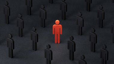 Bir sürü biblo ve kırmızı bir tane. Farklılık ve benzersizlik. İş stratejisini, liderliği ve siyah arkaplandaki 3D yönetimini temsil etmek için mükemmel..