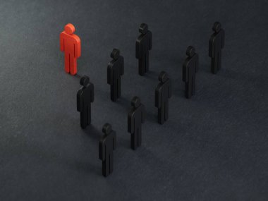 Delegasyon konsepti. Okları olan tahta insan figürleri. İş stratejisini, liderliği ve siyah arkaplandaki 3D yönetimini temsil etmek için mükemmel..