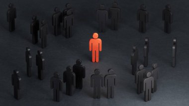 Etrafında piyonlar olan bir markanın 3 boyutlu çizimi. Pazarlama ve müşteri sadakati kavramı siyah arka planda 3D.