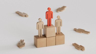 3 boyutlu bir podyum resmi, üzerinde kırmızı, gümüş ve bronz piyonlar var. Yarışma veya yarışma kazananları kavramı. Beyaz arkaplanda 3B yorumlama.