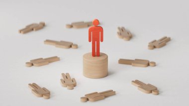 Piyonların 3 boyutlu çizimi yere düştü ve kırmızı olanı tahta yuvarlak bir masa tarafından korunuyor. Beyaz arka planda bireysel koruma ve sigorta kavramı 3D.