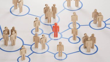 Birbirine bağlı insanlarla dolu bir sosyal ağın üç boyutlu çizimi. Beyaz arkaplanda modern 3D tasarım.