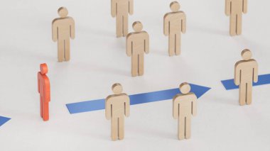Kırmızı ve beyaz okların 3 boyutlu çizimi. Piyonlar soldan sağa hareket ediyor. Beyaz arkaplanda daha hızlı 3D görüntüleme yaparak rekabeti aşma kavramı.