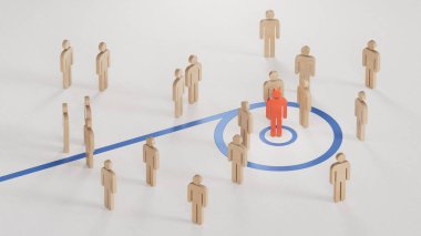 Kırmızı spiral üzerindeki piyonun 3 boyutlu çizimi basıldı. Müşteri Yaşam Boyutu Yönetimi kavramı. Pazarlama ve iletişim kavramı. Beyaz arka planda 3D yorumlama.