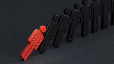 Bir grup adamın üç boyutlu bir tasviri, insanlar ayakta ve düşerler. Düşmek ayakta durmamızı sağlar. Siyah arka planda kötü etki, hastalık ve 3D sağlık fikri.