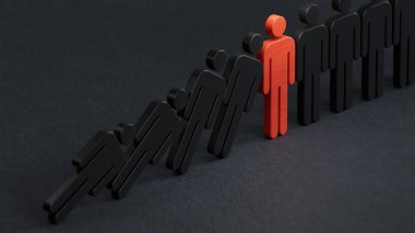 Bir grup adamın üç boyutlu bir tasviri, insanlar ayakta ve düşerler. Düşmek ayakta durmamızı sağlar. Siyah arka planda kötü etki, hastalık ve 3D sağlık fikri.