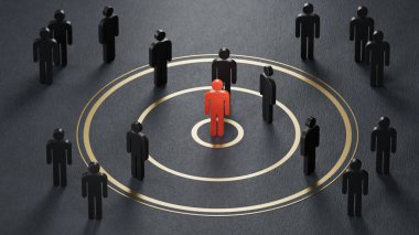 Kırmızı bir iniş sayfasındaki piyonlarla yaklaşan pazarlama konseptinin 3 boyutlu çizimi. Siyah arkaplanda modern 3D tasarım.