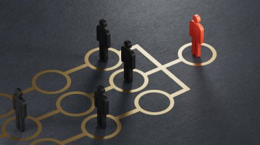 Hedefi olan üç boyutlu cam piyonlar. OKR kavramı, Hedef ve Anahtar Sonuçlar. Siyah arkaplandaki 3D pazarlama ve iletişim kavramı.