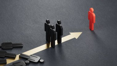 Kırmızı, gümüş ve bronz piyonların 3 boyutlu çizimi. Liderlik stratejisi ve rekabetçi üstünlük kavramı siyah arkaplandaki 3D sunumu.