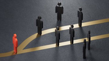 Yeşil piyonların en kötüsü yerine en iyi yolu seçtiği üç boyutlu bir çizim. Siyah arkaplandaki 3D konsepti.