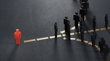 Peş peşe birçok piyonun 3 boyutlu çizimi. Kurşun kavramı. Lideri takip ediyorum. Pazarlama ve iletişim konsepti. Siyah arka planda 3D..