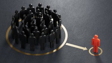 Bir grup davasını ya da siyah arka planda oluşturulan 3D toplu düzeltme kavramını temsil eden birçok piyonun 3 boyutlu çizimi.