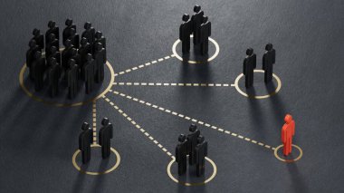 Farklı kategorilerde segmentlenmiş birçok piyonun 3 boyutlu çizimi. Siyah arkaplandaki 3D müşteri segmentasyonu konsepti.