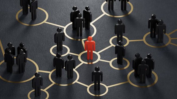 3d иллюстрация социальной сети с людьми, связанными вместе. Современный дизайн. 3D рендеринг на черном фоне.