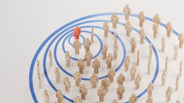 Daireli ahşap parçanın üç boyutlu çizimi. Etkilendirici pazarlama kavramı ve etki alanları beyaz arka planda 3D görüntüleme.