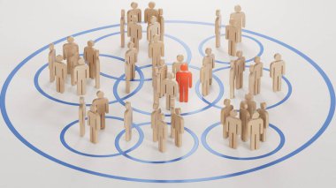 Birçok ahşap parçanın üç boyutlu bir tasviri, tahtadan daireler şeklinde gruplandırıldı. Beyaz arkaplandaki piyasa segmentasyonu 3D.