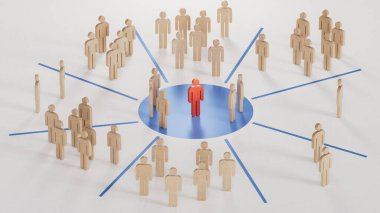 Çok kanallı pazarlama stratejisini temsil eden çizim üzerine 3 boyutlu ahşap çizim. Beyaz arkaplanda 3D perakende gösterimi.