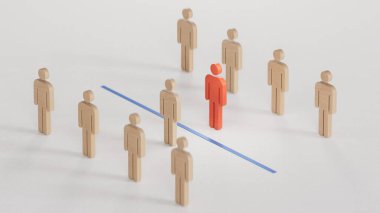 3D render, tahta parça oyunu beyaz piyon yuvarlak aynanın önünde durur. Beyaz arkaplanda 3D algısal çarpıtma kavramı.